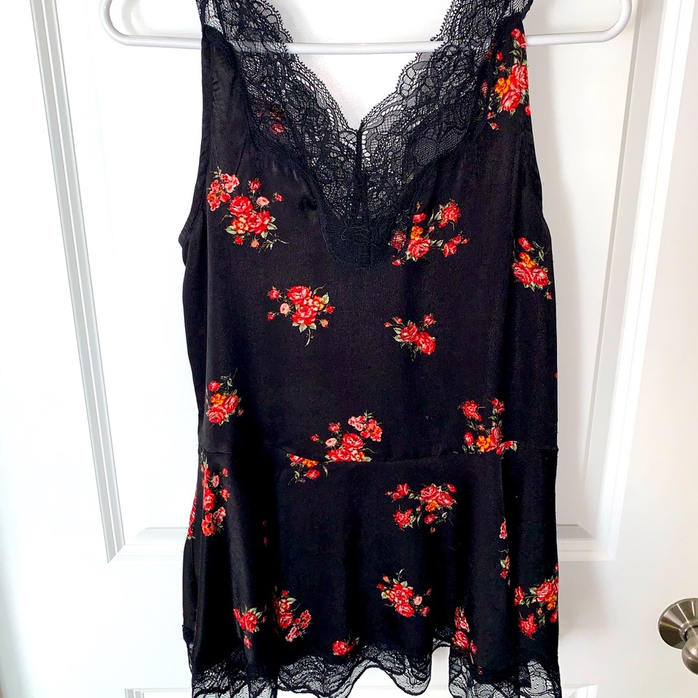 Black Cotton With Lace and Flowers Tank